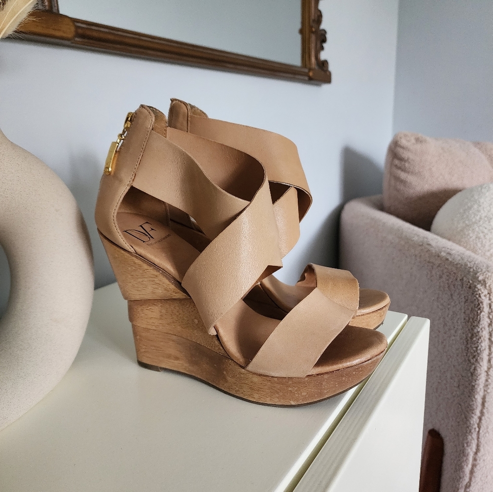 Diane Von Furstenburg Camel Vachetta Opal Wedge Wood Heels